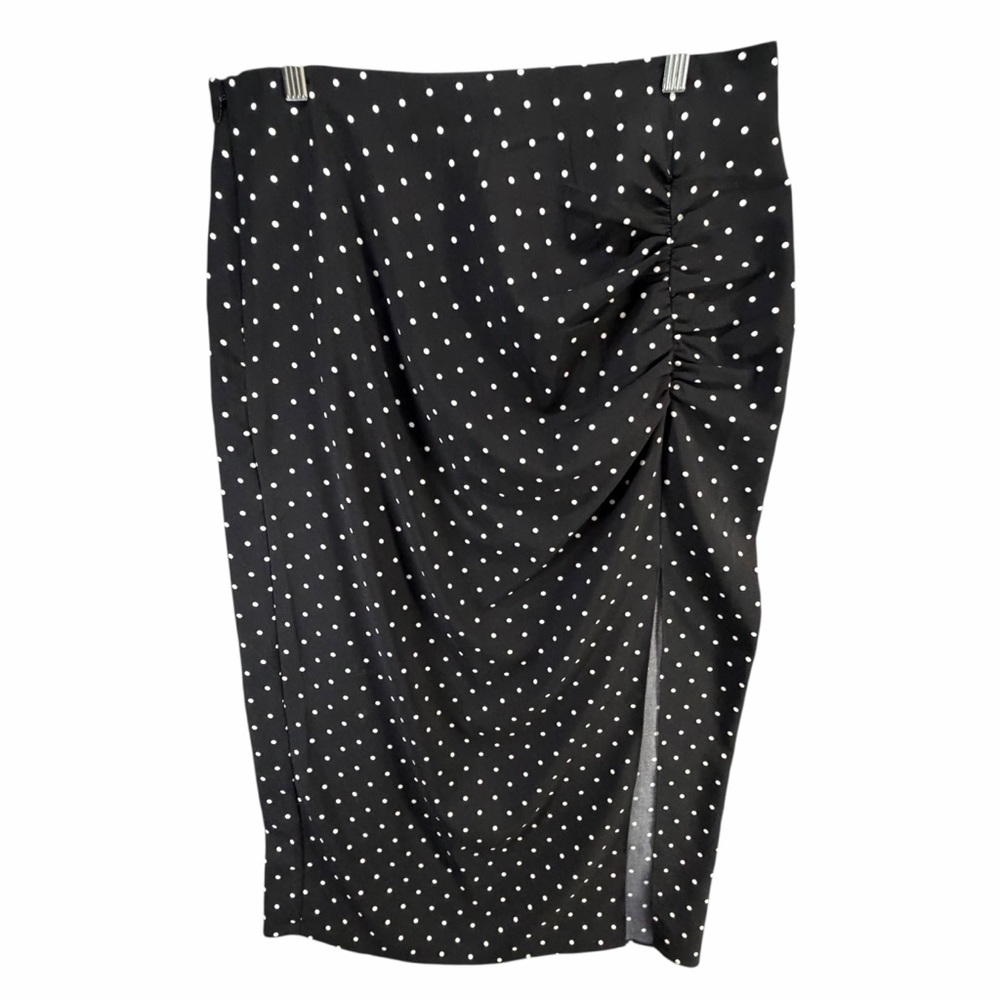 Something Navy‎ Midi Pencil Skirt Womens L Black Polka Dot Ruched Slit Office
